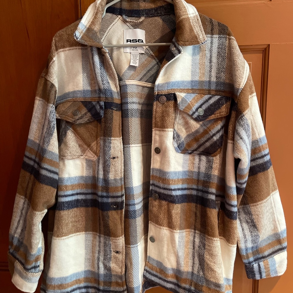 RSQ Plaid Flannel Button Up Jacket Navy Blue/Tan